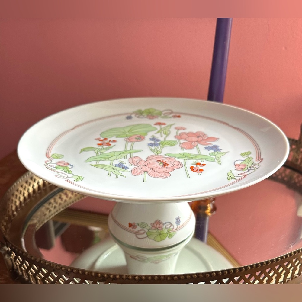 Vintage Bellaire Japan "Water Lily" Pink Blooms Whimsical Garden Cake Stand